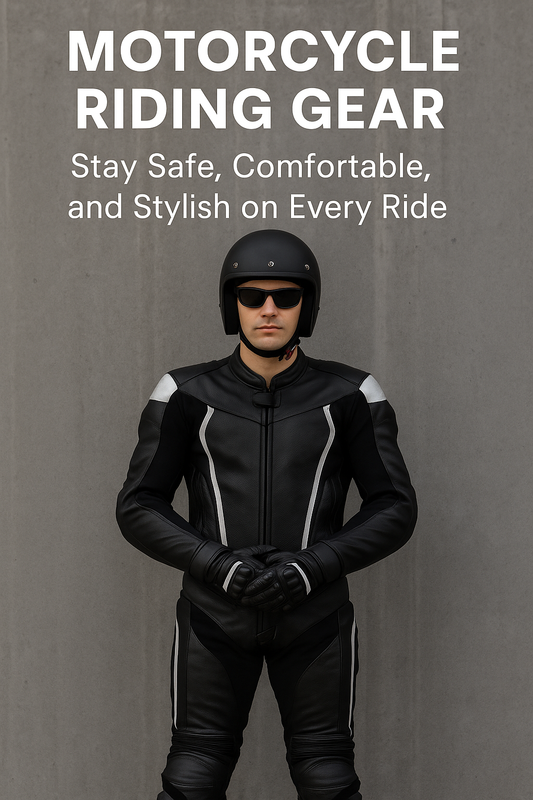 Motorcyclist wearing a black leather riding suit with gloves, standing confidently against a gray concrete wall, promoting motorcycle riding gear for safety, comfort, and style.