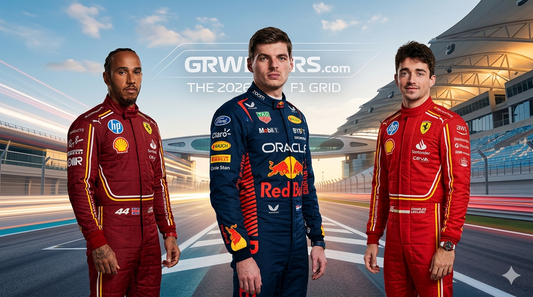 A striking cover image showcasing the 2026 F1 driver lineup featuring Hamilton, Verstappen, and Leclerc in their new team suits on a modern circuit at twilight, exclusively presented by grwears.com—your source for high-quality F1 replica race suits.