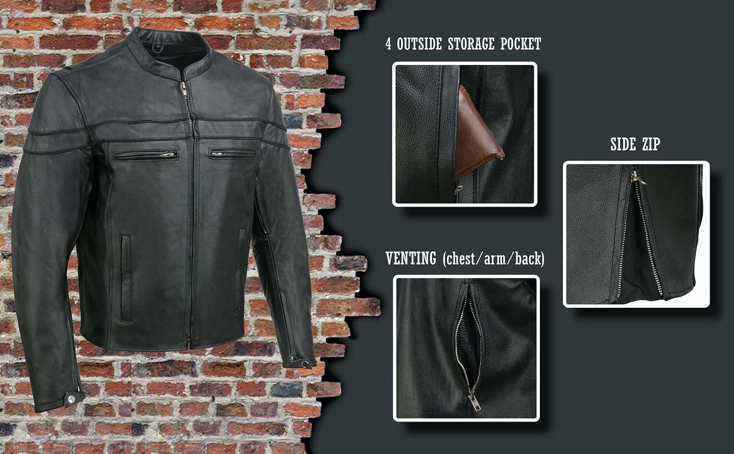 Black leather motorcycle jacket with four exterior zippered pockets, side zipper, and ventilation on chest, arms, and back. Displayed against a brick wall background with close-up views highlighting the storage pocket, side zip, and venting features.