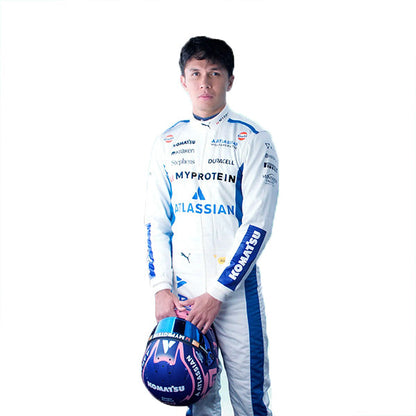 Close-up of the Atlassian and Barclays embroidered logos on the 2026 Williams F1 suit