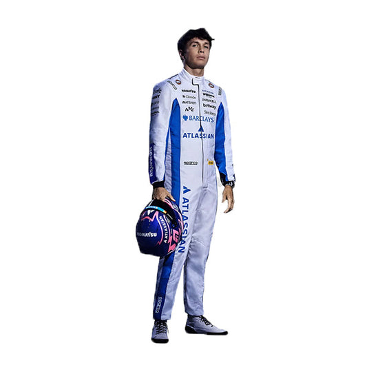 Front view of the 2026 Alex Albon Williams F1 replica race suit in vibrant blue and white with sponsor logos