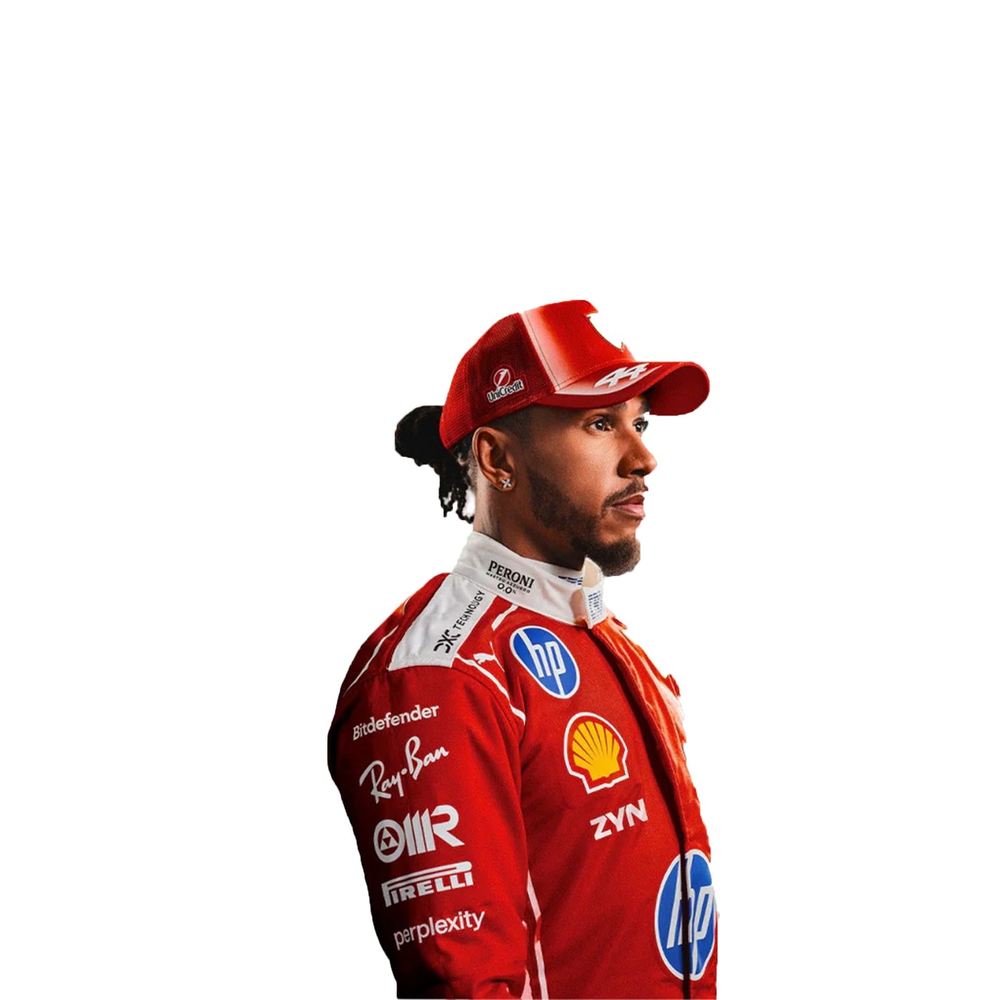 Close-up of the embroidered #44 and Ferrari crest on the 2026 Lewis Hamilton suit
