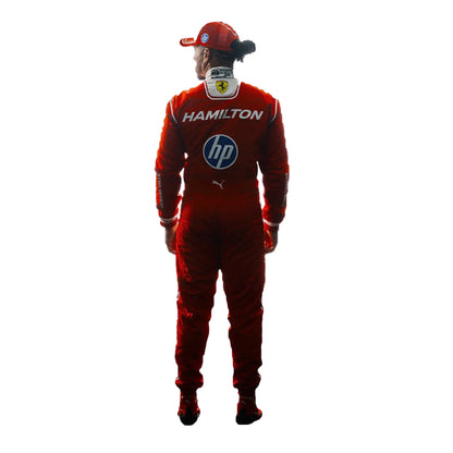 Back view of the 2026 Ferrari replica suit featuring Lewis Hamilton's name and the Union Jack detail