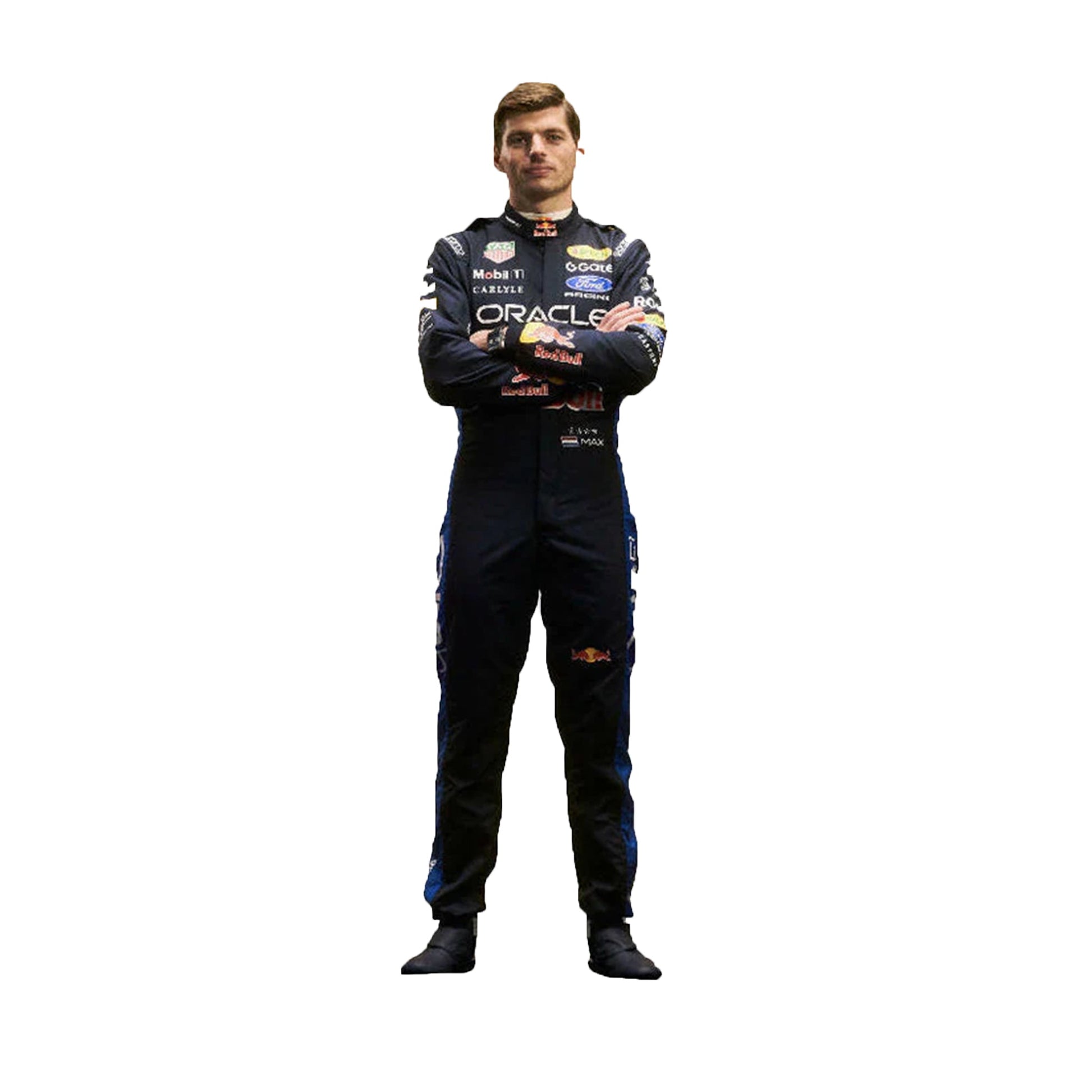 Front view of the 2026 Max Verstappen Red Bull Ford F1 replica race suit in navy blue with red and gold accents