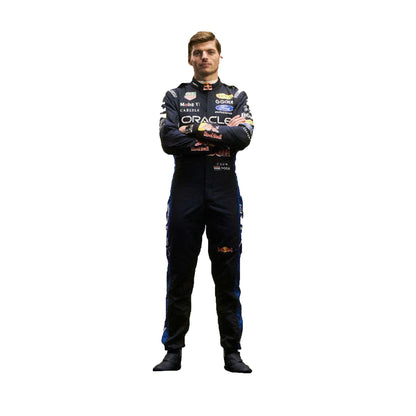 Front view of the 2026 Max Verstappen Red Bull Ford F1 replica race suit in navy blue with red and gold accents