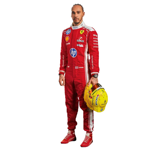 Front view of the 2026 Lewis Hamilton Ferrari F1 replica race suit in deep red with white and yellow accents
