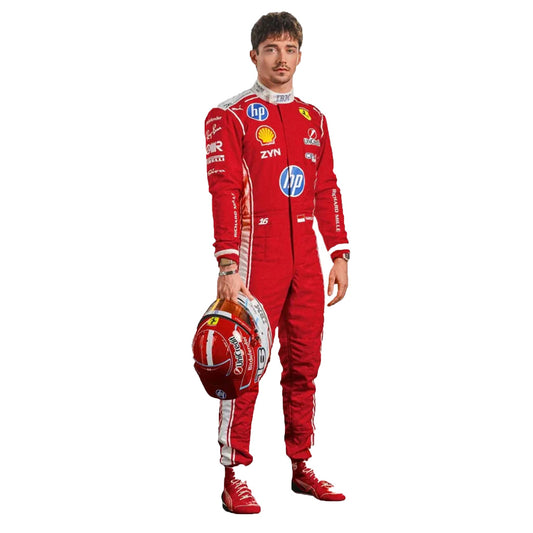 Front view of the 2026 Charles Leclerc Ferrari F1 replica race suit in bright red with embroidered sponsor logos