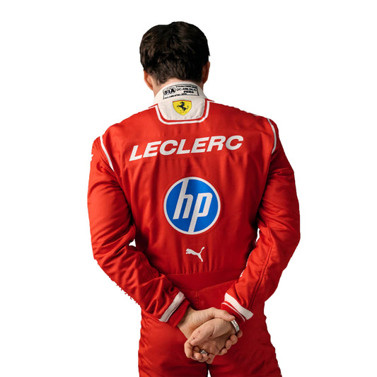 A person wearing the Charles Leclerc 2026 Ferrari suit showing the flexible fit and lightweight material