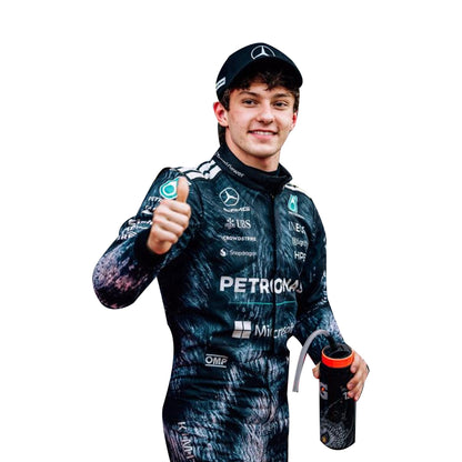 Front view of the 2026 Andrea Kimi Antonelli Mercedes F1 Japanese GP special edition replica suit in silver and black