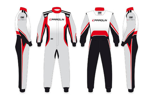 A sleek Parolin Motorsports karting suit with vibrant colors and the brand's logo prominently displayed