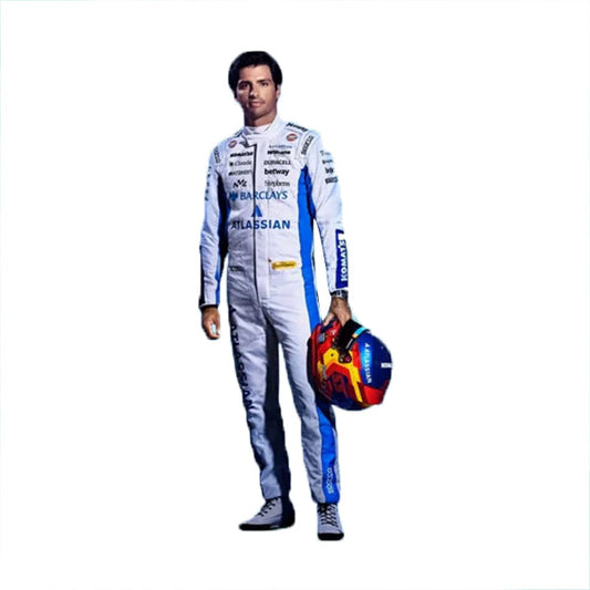 Front view of the 2026 Carlos Sainz Williams F1 replica race suit in blue and white with Atlassian and Mercari logos