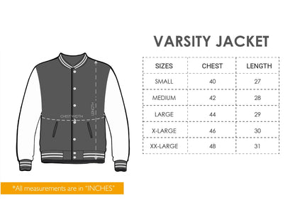 Blue and white varsity jacket with leather sleeves