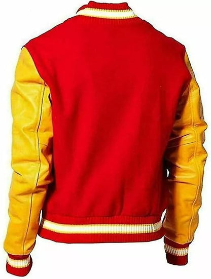 Red and yellow varsity jacket wit leather sleeves