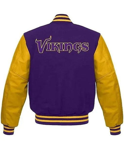 Purple and yellow varsity jacket with leather sleeves