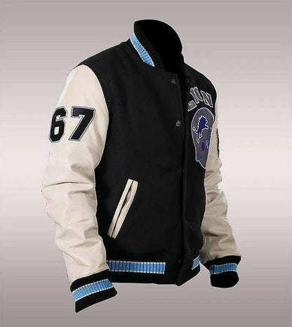 Black and white lions varsity jacket with leather sleeves