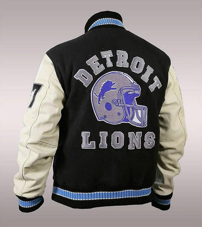 Black and white lions varsity jacket with leather sleeves