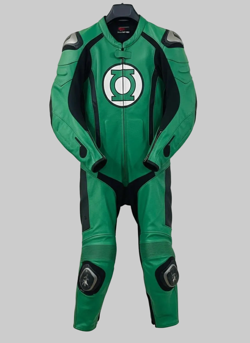 Green Lantern motorcycle leather riding suit - front view