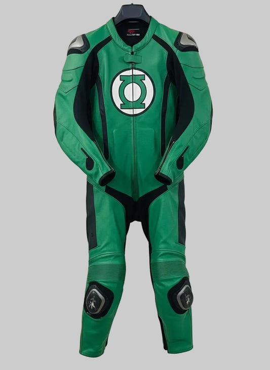 Green Lantern motorcycle leather riding suit - front view