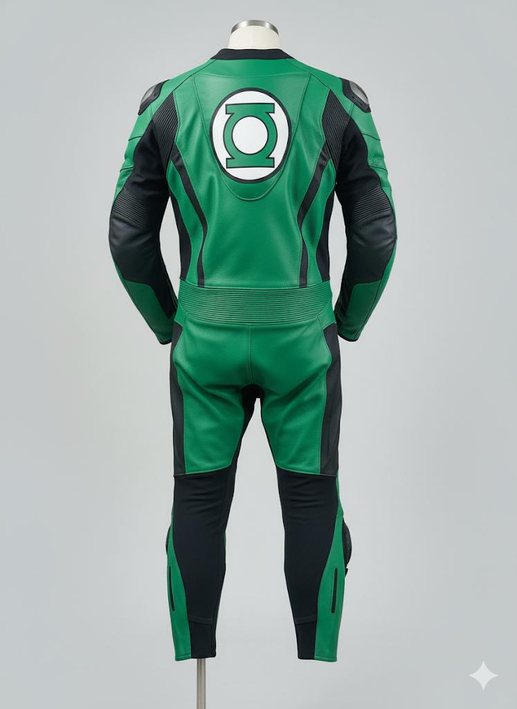 Green Lantern motorcycle leather riding suit - back view