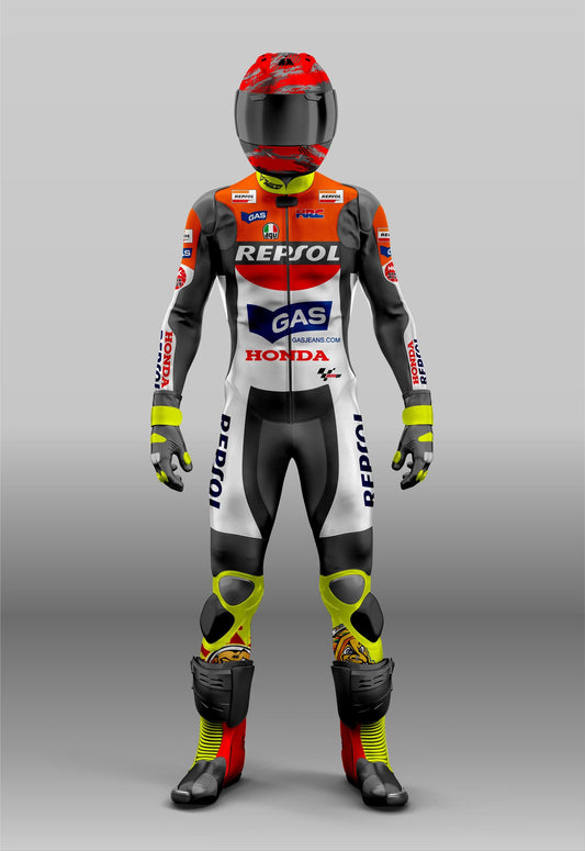 VR 46 Honda Repsol MotoGP Custom Design Leather Motorcycle Racing Protezioni da equitazione e kit completo - Guanti - Stivali - Tuta disponibile 