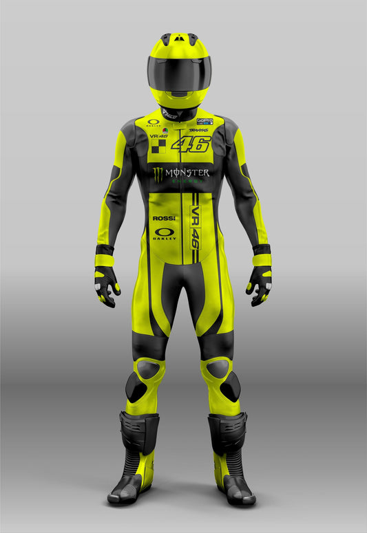 VR-46 Monster Energy Custom Design MotoGP Tuta da corsa protettiva in pelle per motociclisti - Attrezzatura da guida su pista / strada 
