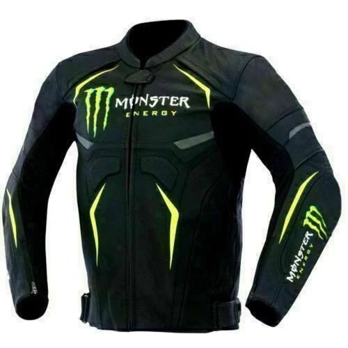 Grj Monster Energy Motorcycle Black Leather Racer Jacket