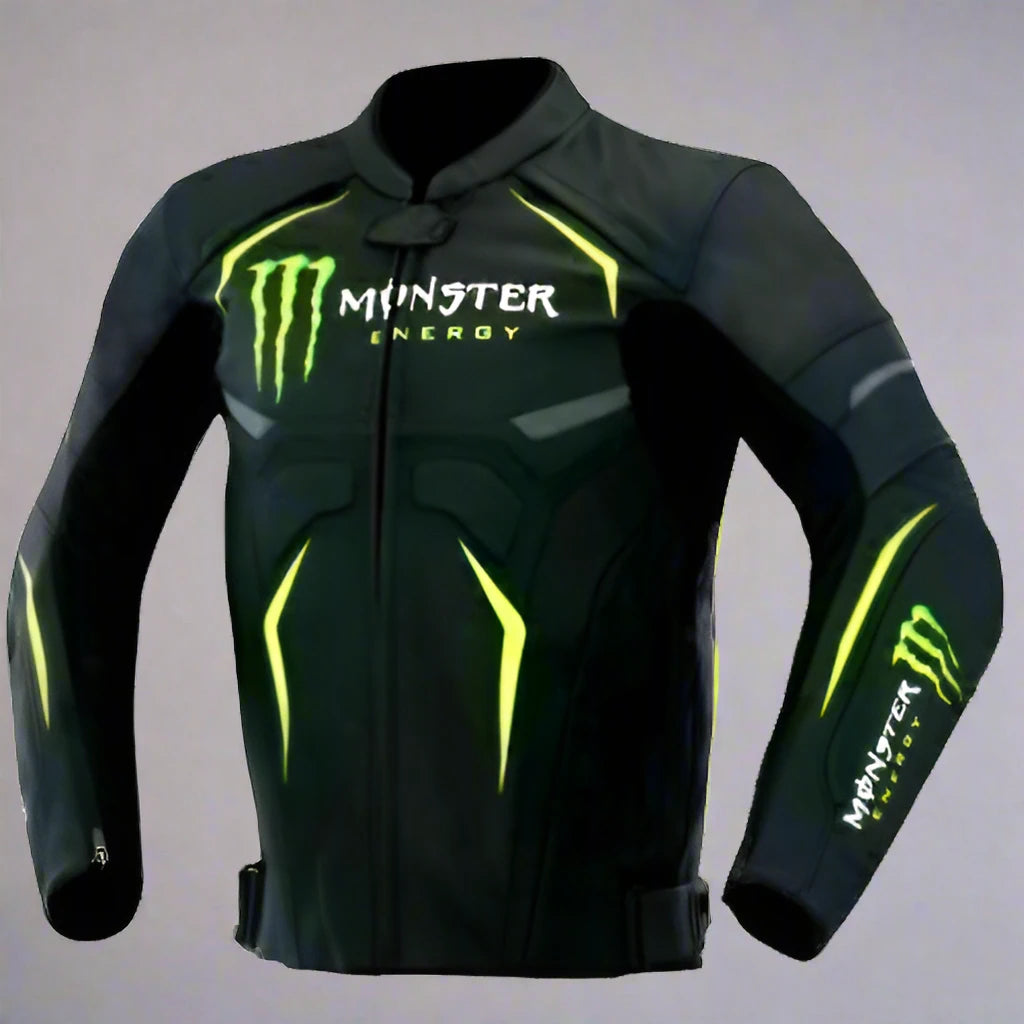 Grj Monster Energy Motorcycle Black Leather Racer Jacket