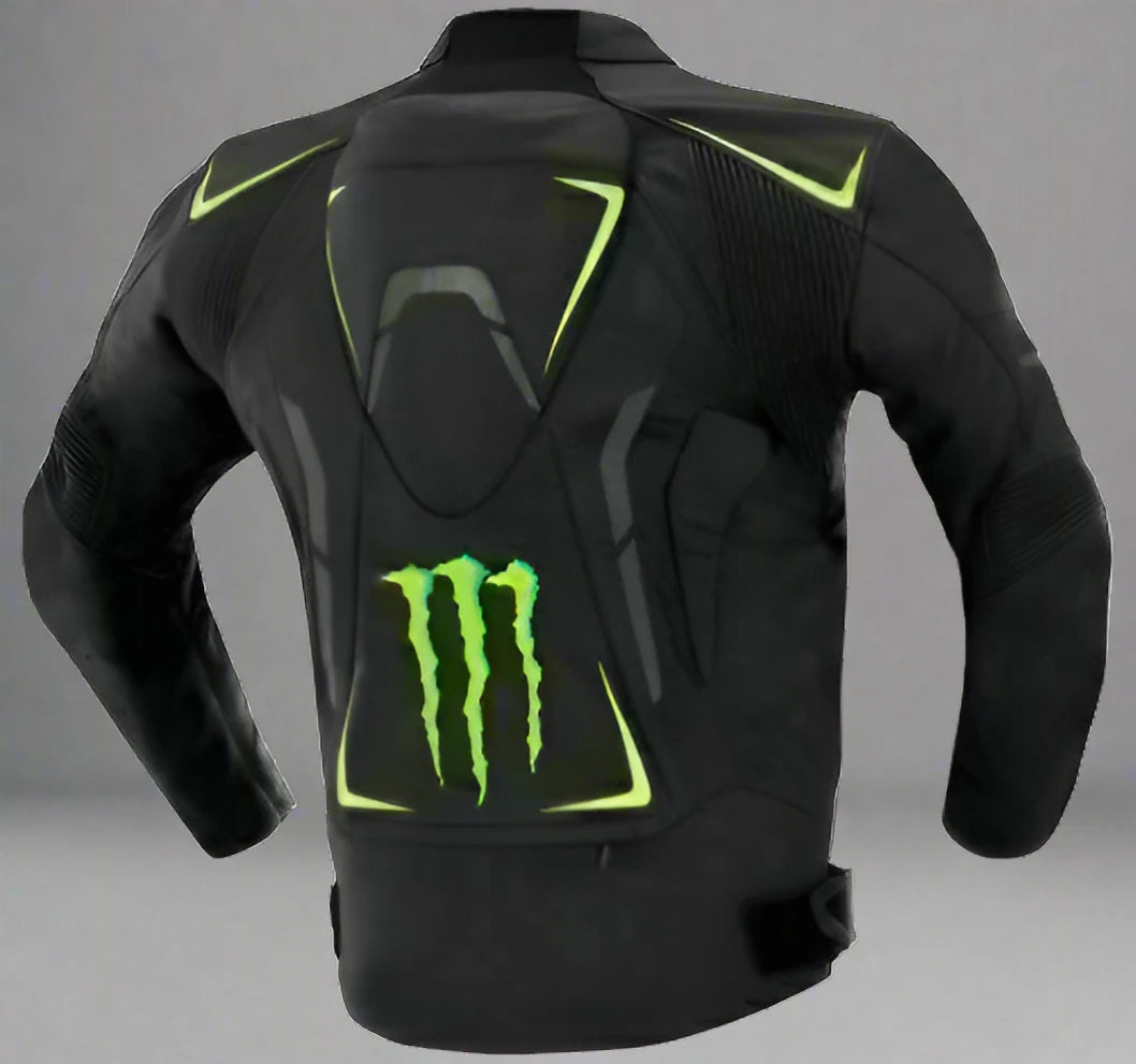 Grj Monster Energy Motorcycle Black Leather Racer Jacket